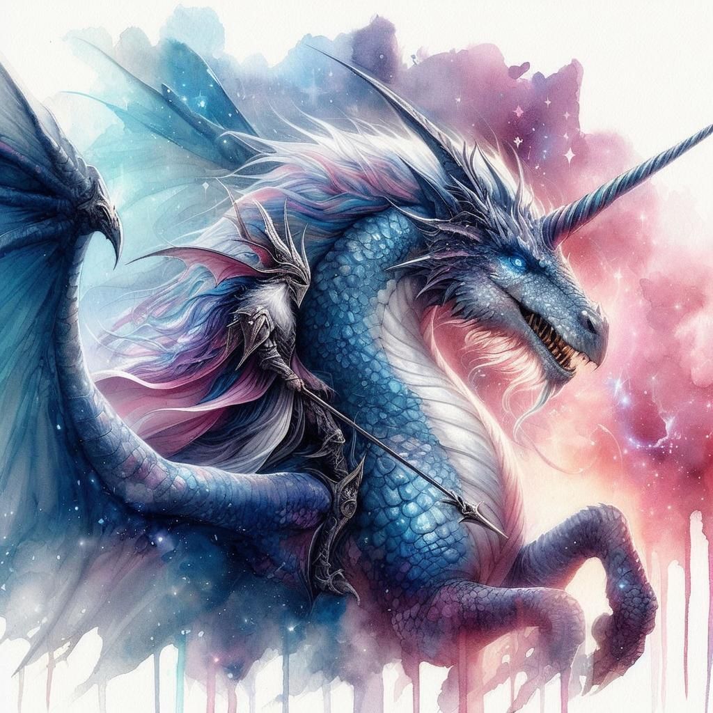 Watercolor Dragon Riding a Unicorn Illustration