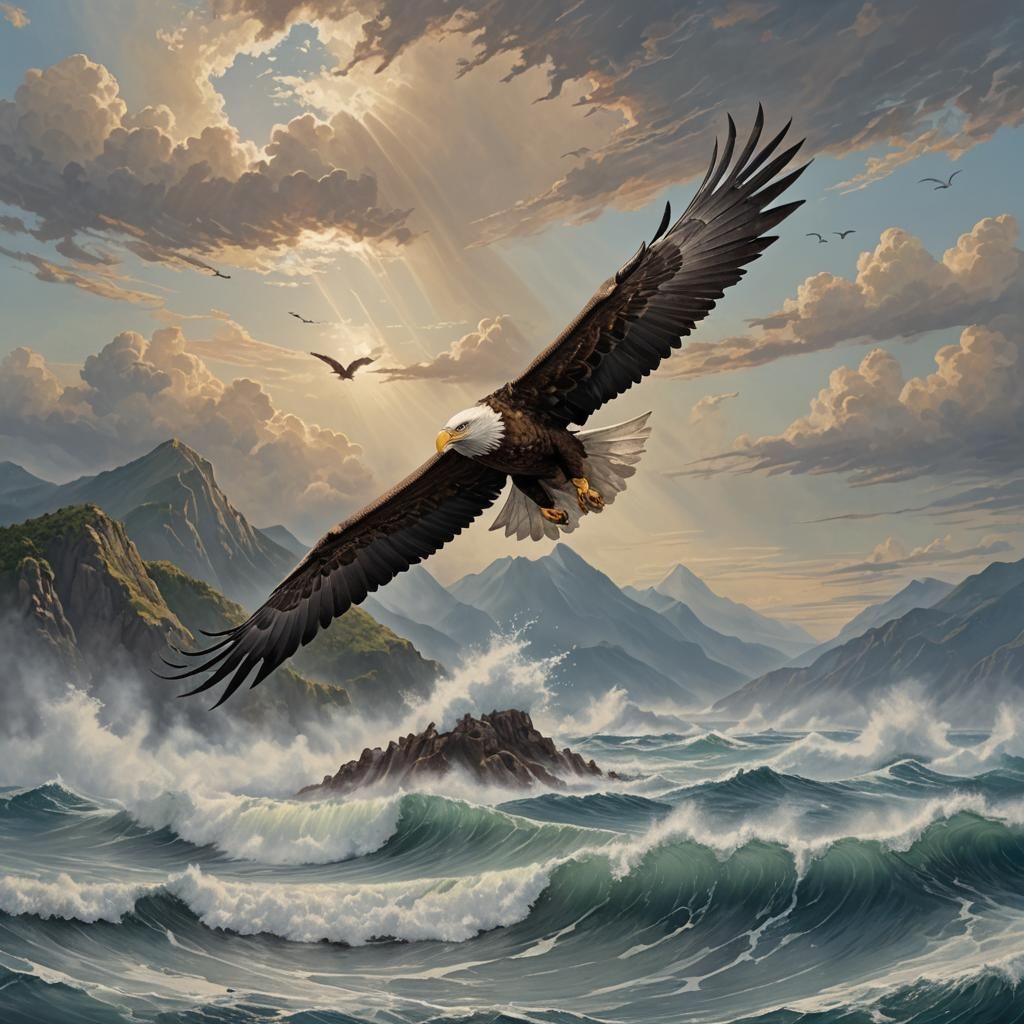 Giant Eagle Soaring Over the Ocean
