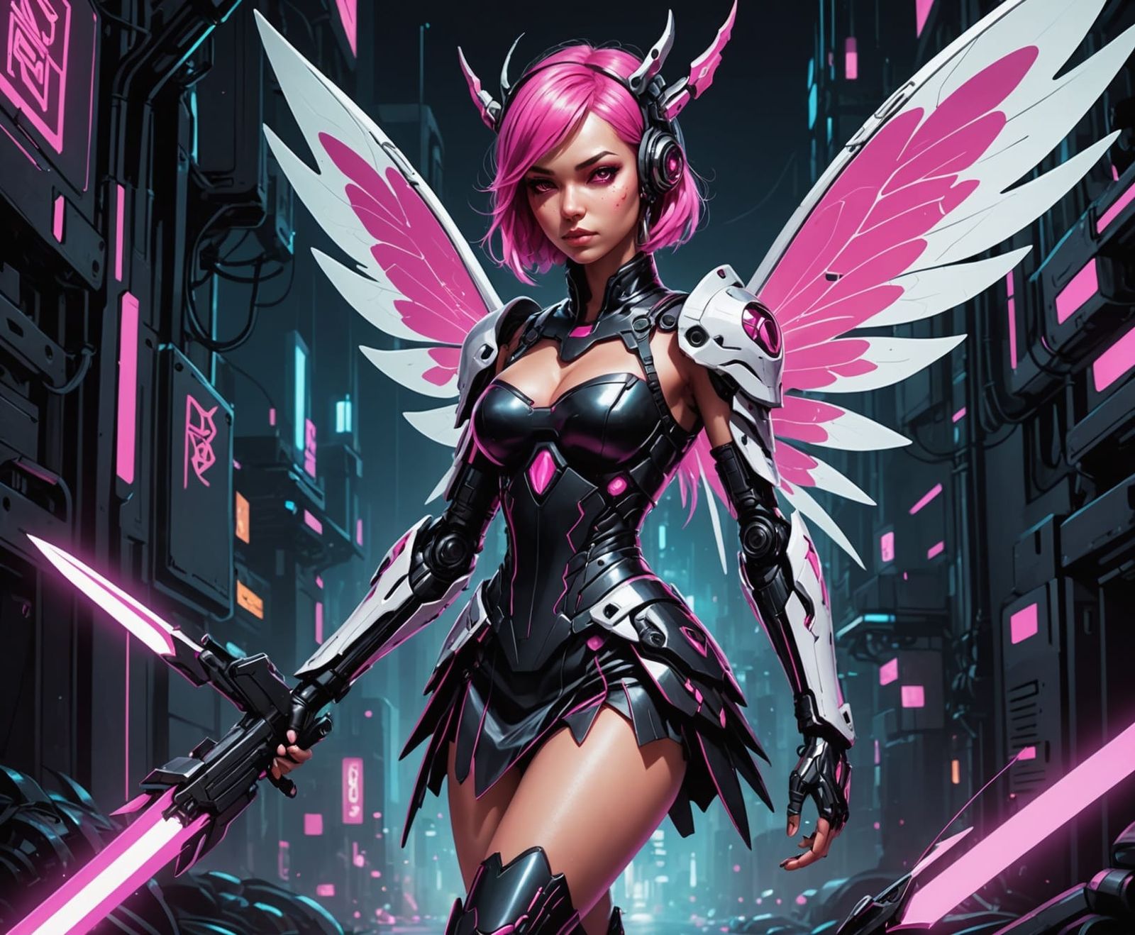 Cyberpunk Fairy Cyborg in Bioluminescent Cave