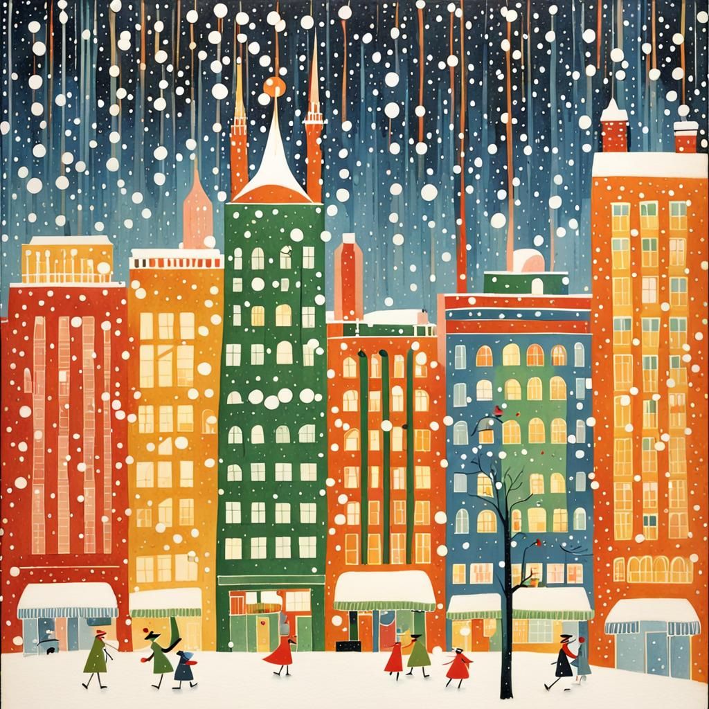 Colorful Winter Cityscape in Mary Blair Style