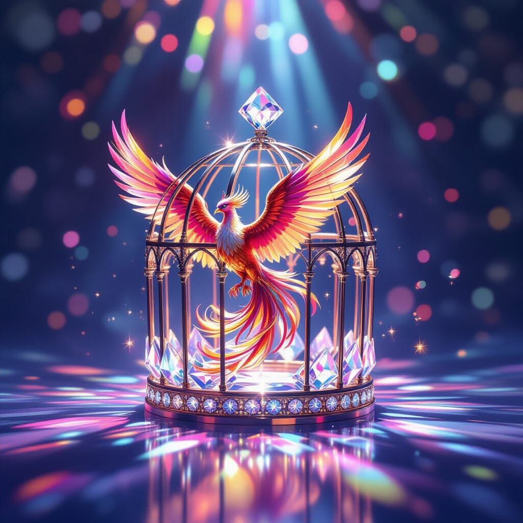 Dazzling Diamond Cage Holds Vibrant Phoenix