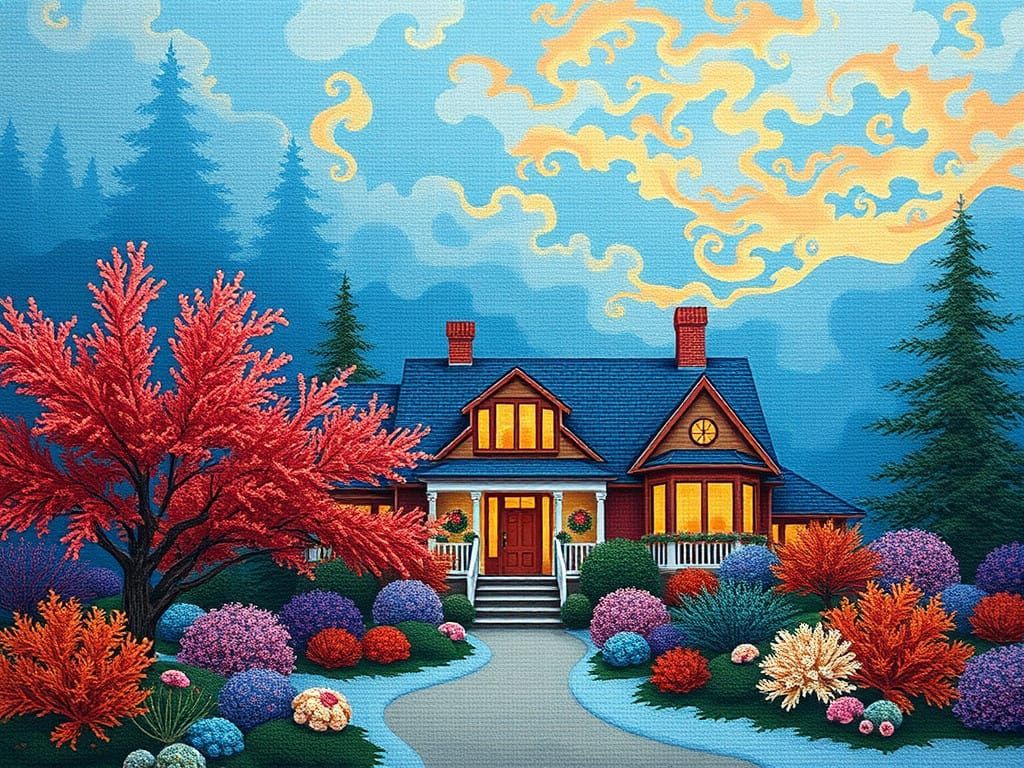 Surrealist Tapestry in Flaming Coral and Indigo