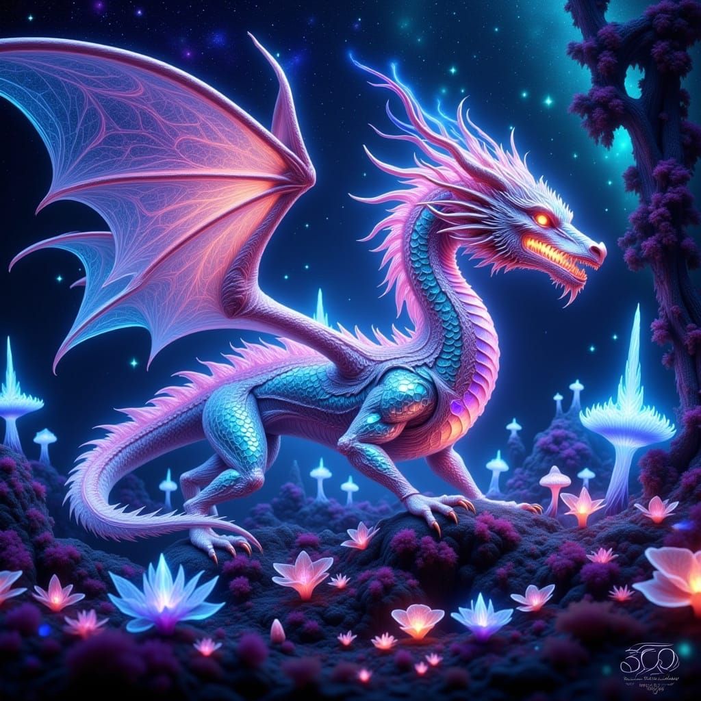 Glowing Dragon in a Dreamlike Bioluminescent Landscape