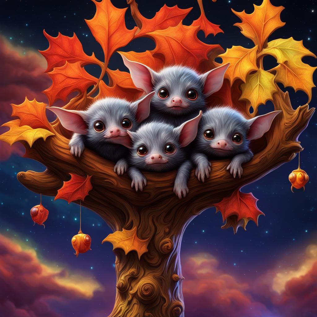 Chibi Vampire Bats in Galaxy Sky: Art Nouveau Style