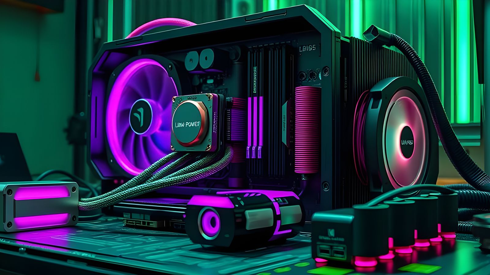 Green and Purple Water-Cooled CPU Mainboard