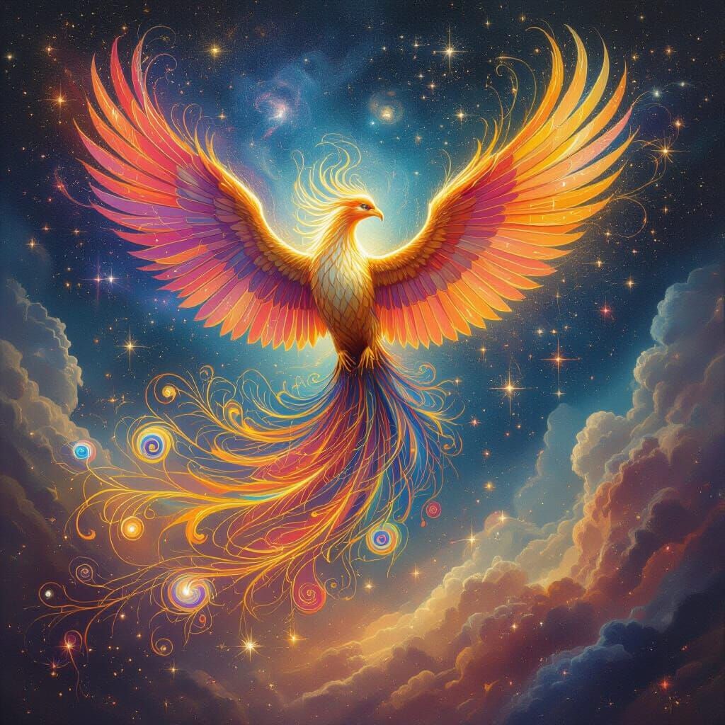 Majestic Phoenix Rises From Cosmic Dust in Psychedelic Style