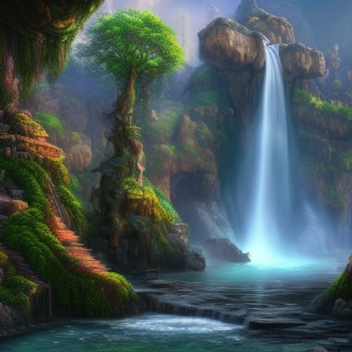 Fantastical Waterfall Landscape in Detailed Matte Painting