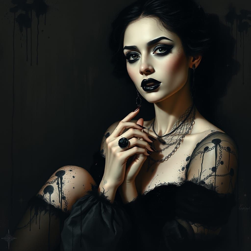 Elegant Woman with Black Lipstick in Dark Surrealist Style