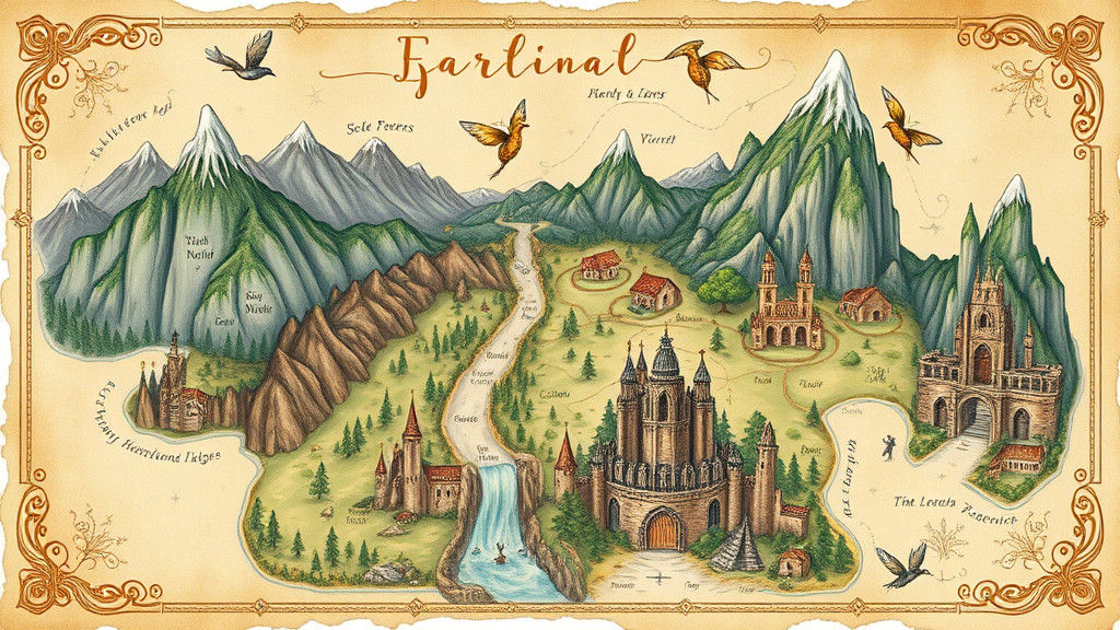 Mystical Realm Map in Watercolour with Medieval Elements