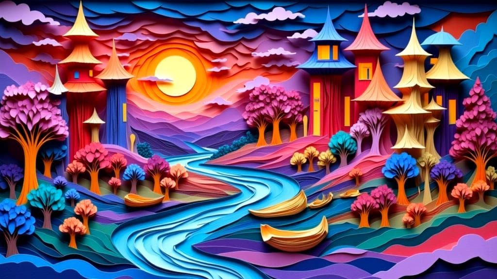 Surreal Paper Fantasy Landscape in Psychedelic Style