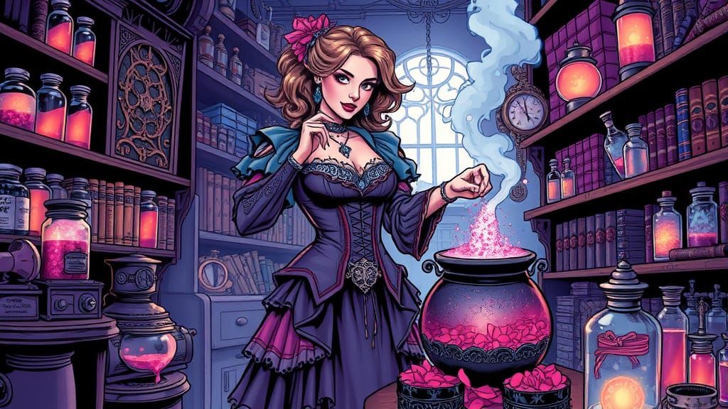 Mystical Alchemist Crafts Love Potion in Vibrant Magic Store