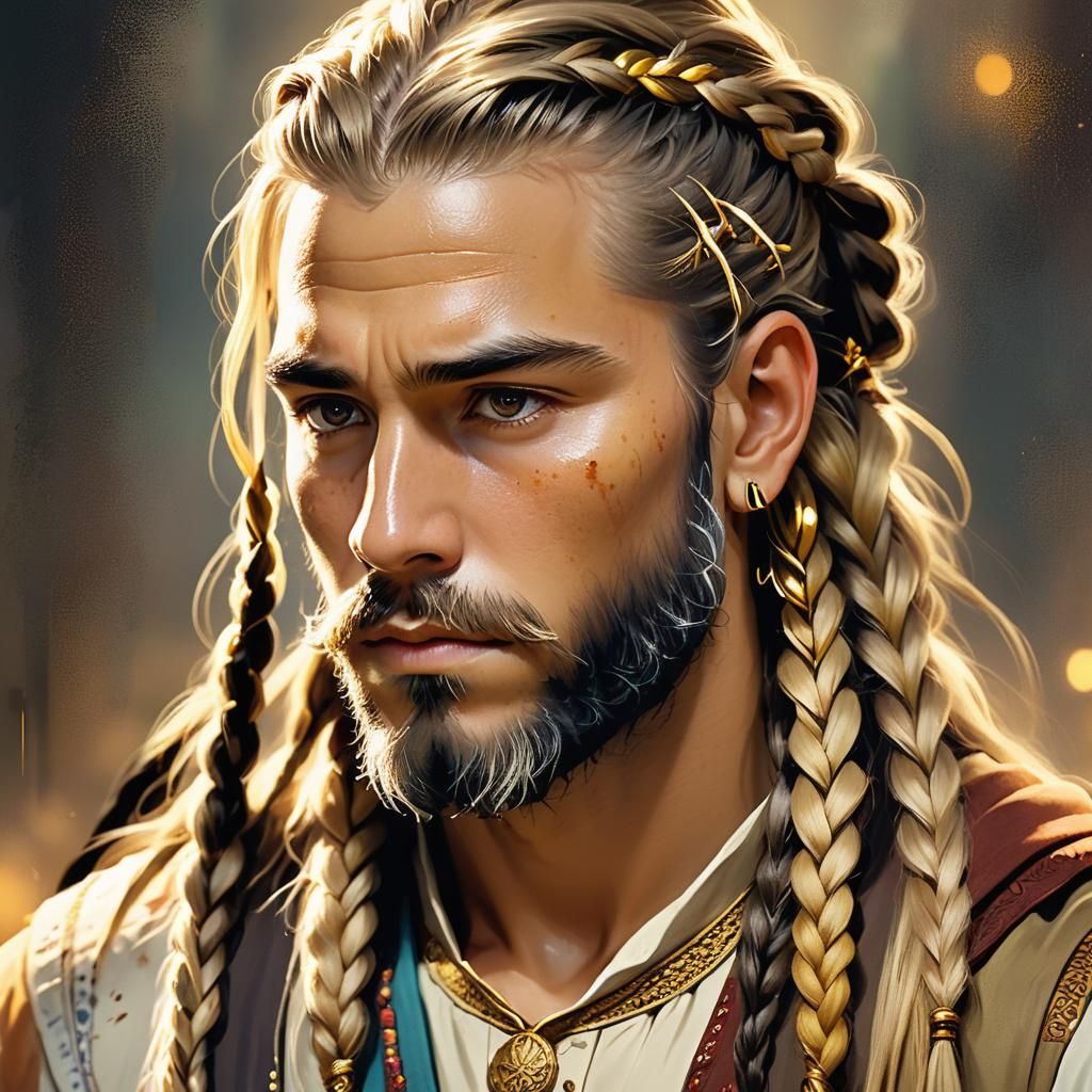 Handsome Man with Braids: Detailed Oil Painting