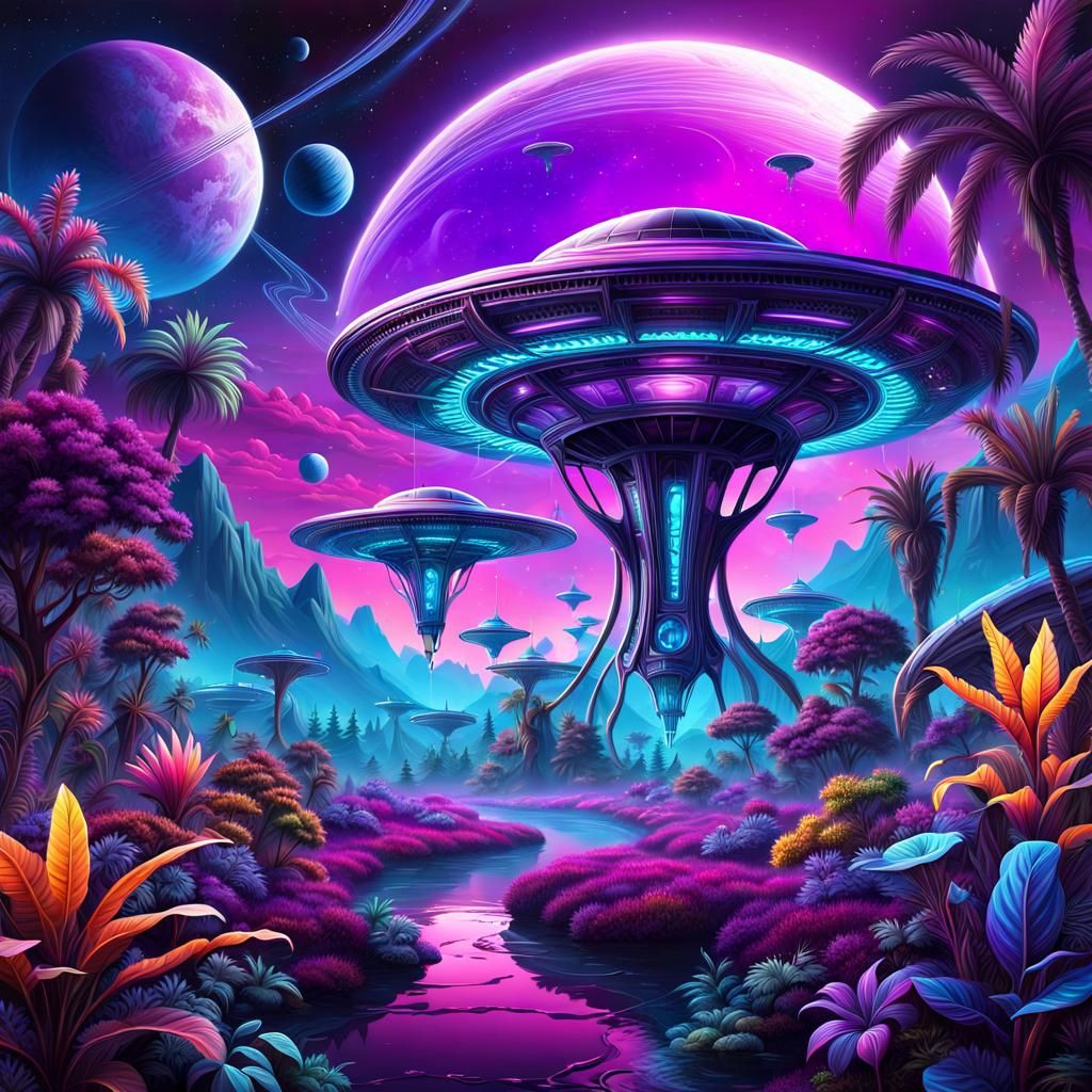 Neon Purple Alien Celebration in Hyperdetailed Airbrush Art