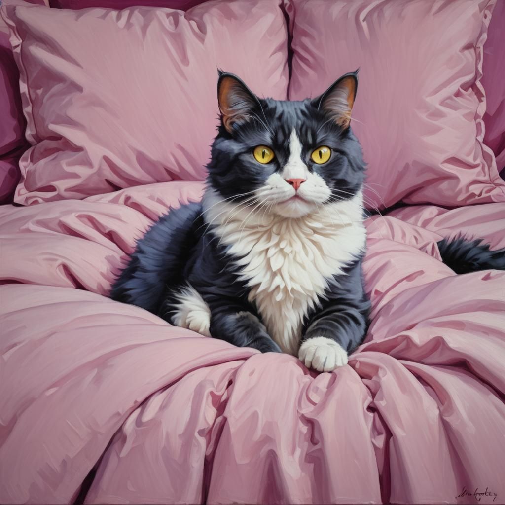 Fluffy Lavender Tuxedo Cat on Pink Bed as Oil Painting