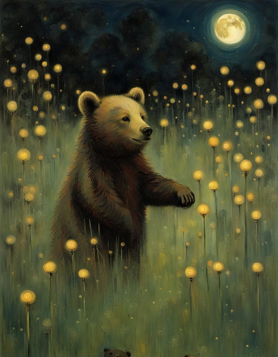 Bear Cub and Fireflies: Art Nouveau Painting