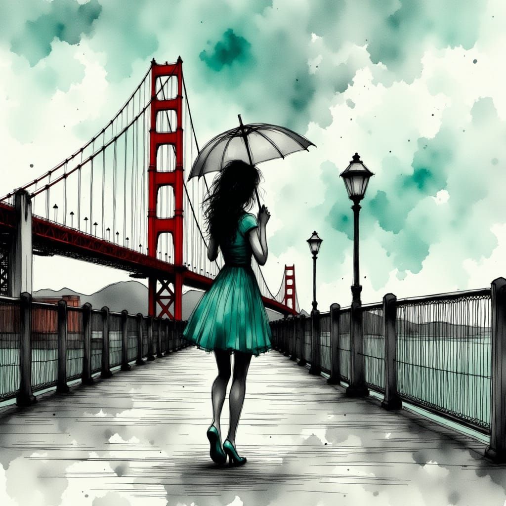 Fantastical Golden Gate Bridge Sketch in Teal and Red Ink