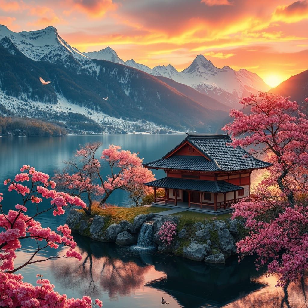 Japanese Traditional House on a Serene Lake with Koi Fish an...