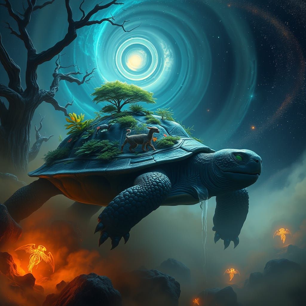 Bioluminescent Tortoise Drifting Through Cosmic Nebula