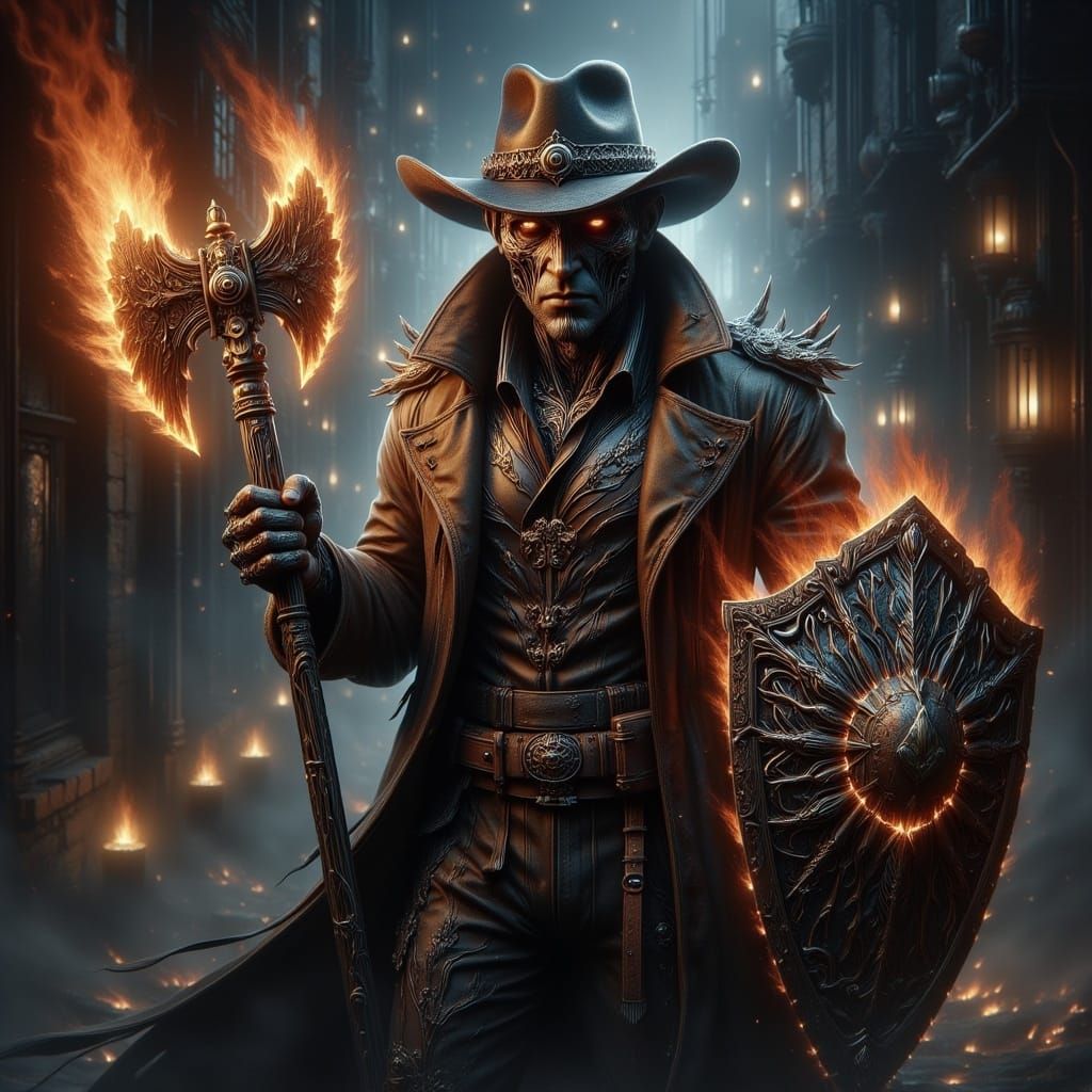 Raven Cowboy in Steampunk Armor with Flaming Axe