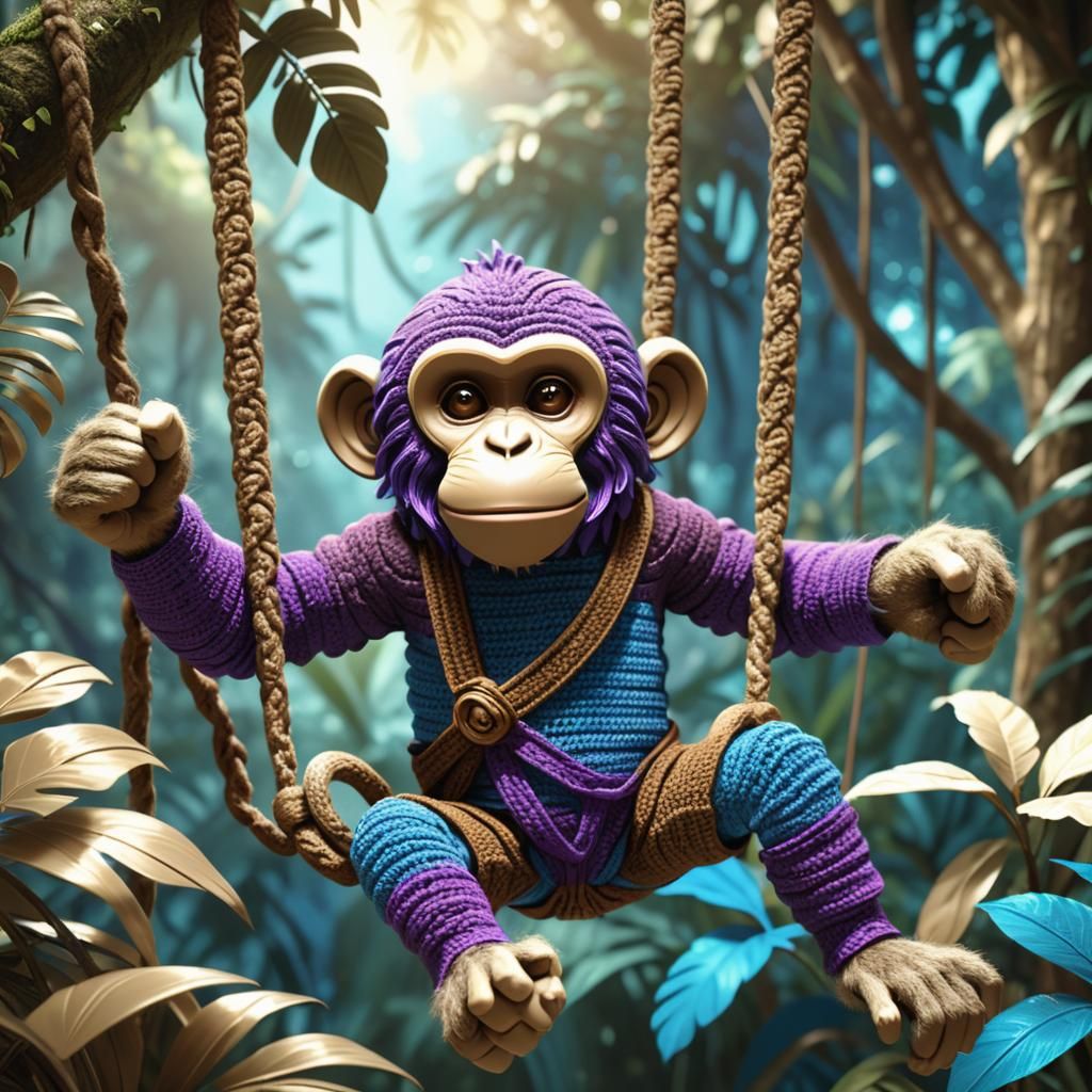 Crocheted Monkey Swings Through Jungle: Digital Art