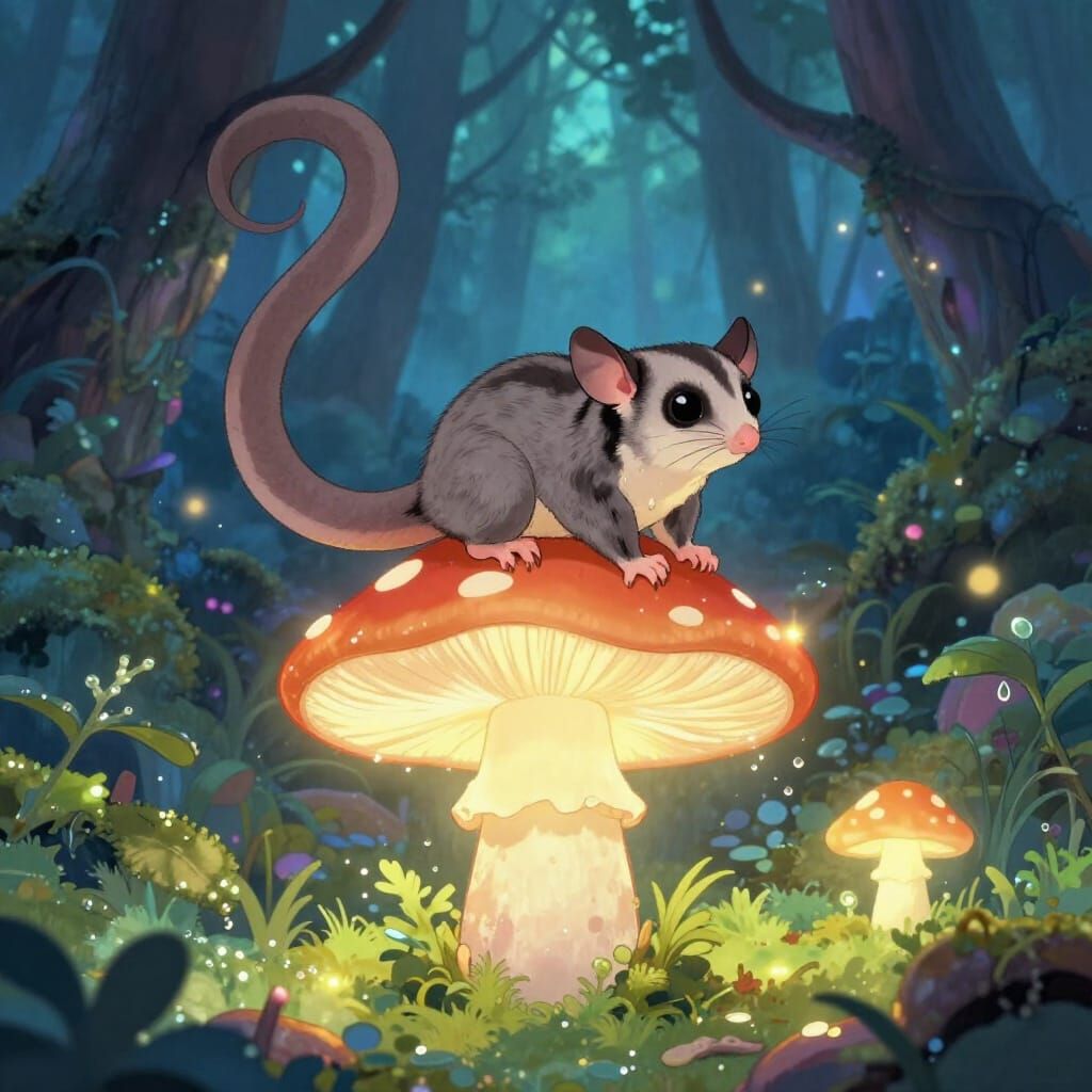 Whimsical Sugar Glider on Glowing Mushroom in Bioluminescent...