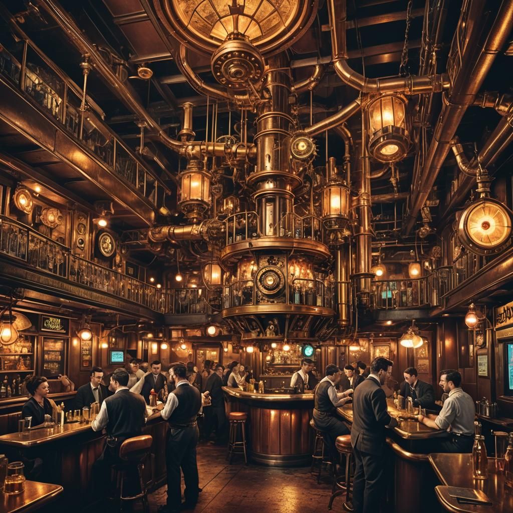 Steampunk Honeycomb Dive Bar in Retro-Futuristic Style