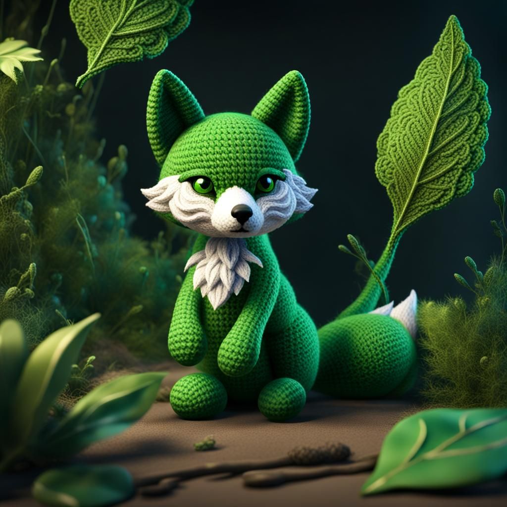 Crocheted Green Fox with Leaf Tail: Digital Art