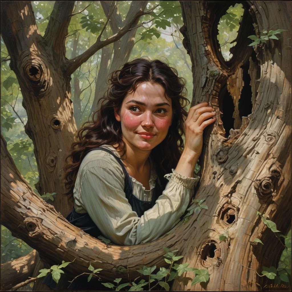 Woman with Devious Smile in Tree Hollow