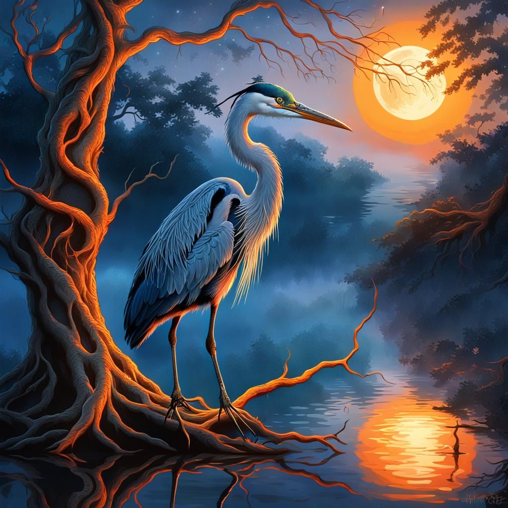 Majestic Heron at Misty Lake: Fantasy Concept Art