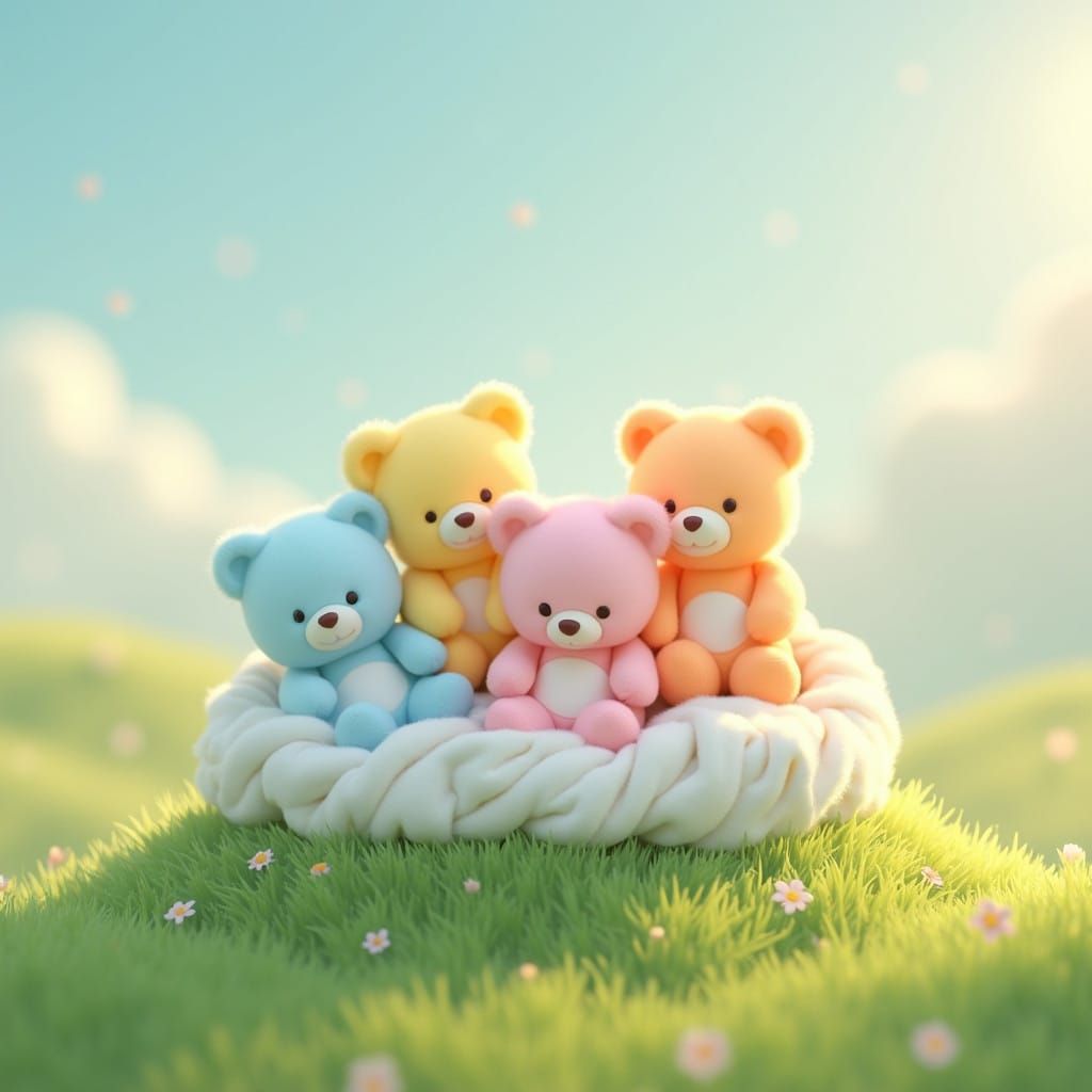 Pastel Teddy Bear Friends in Whimsical Fantasy Art