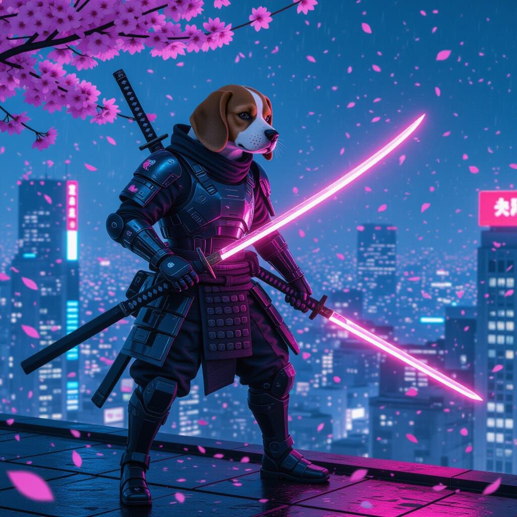 Beagle Samurai Warrior in Cyberpunk Style