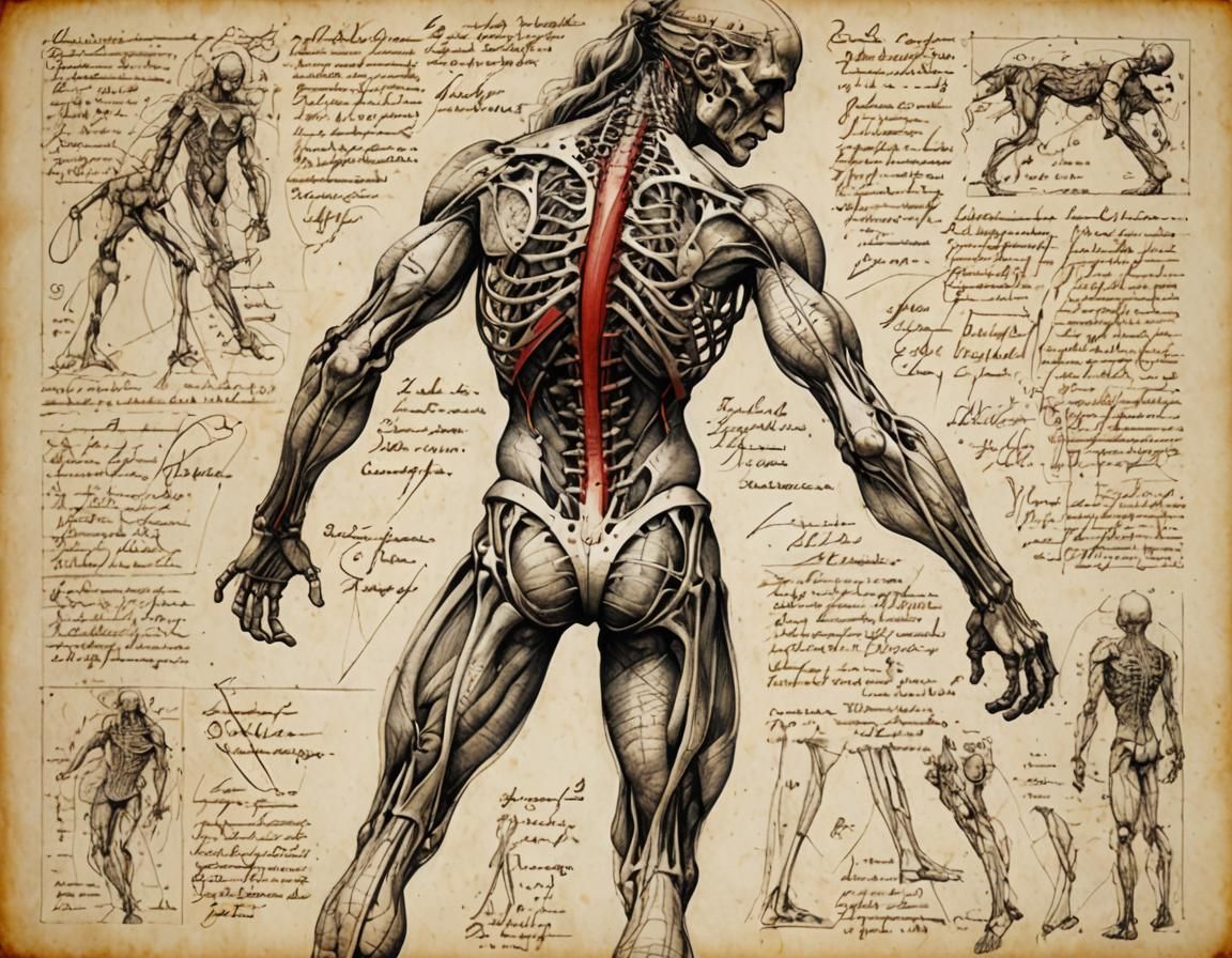 Intricate pen and ink sketch, Leonardo Da Vinci-style,  showing  a Dynamic anatomy of a woman