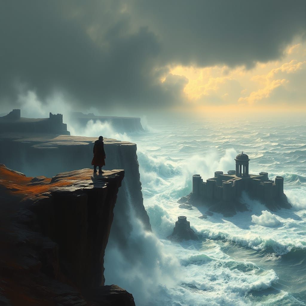 Figure on Cliff Overlooking Ruins and Turbulent Sea