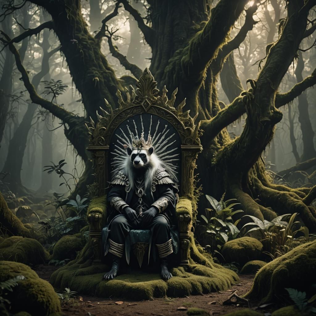 Skunk King on Forest Throne in Dark Fantasy Art