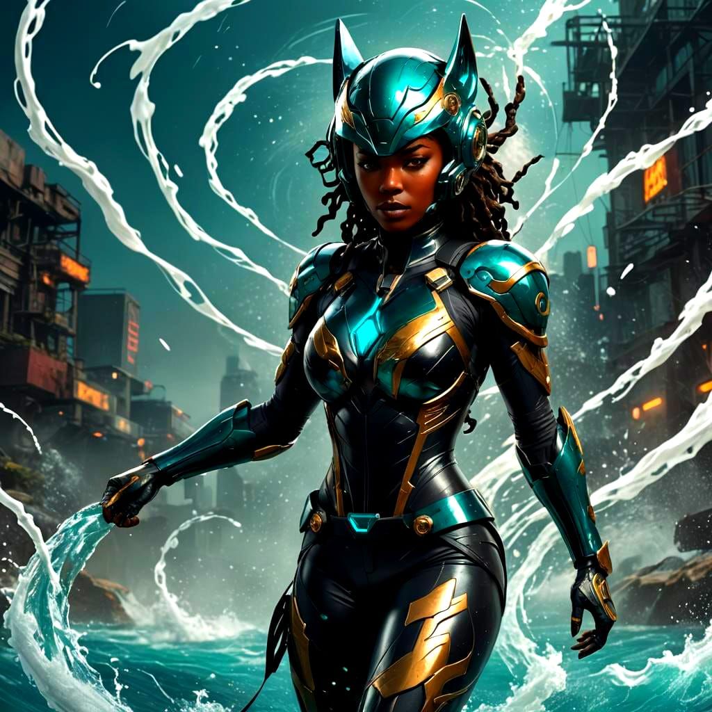 Cybernetic Superheroine in Kitsune Suit with Swirling Elemen...