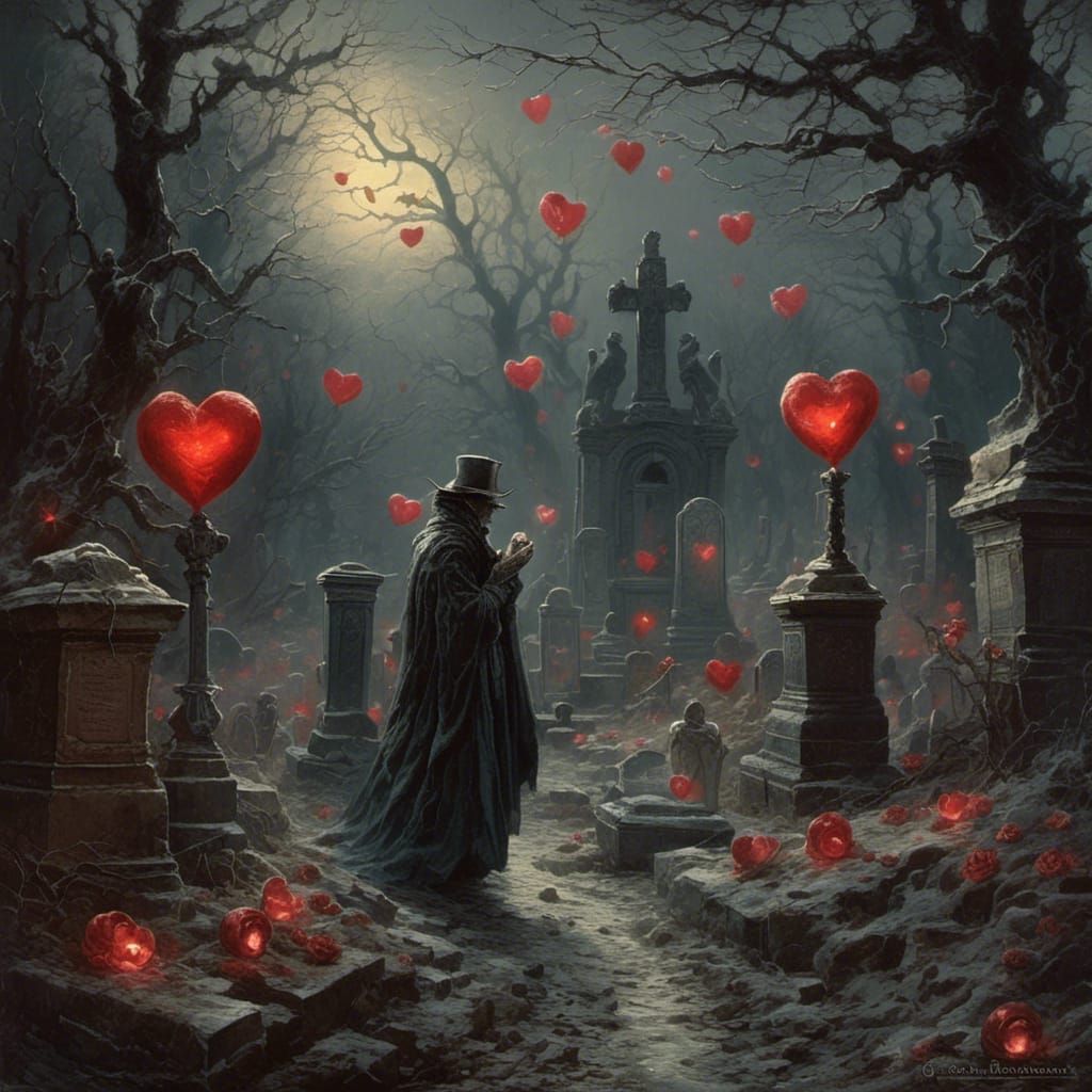 Creepy Retro Valentine in Cemetery with Hearts