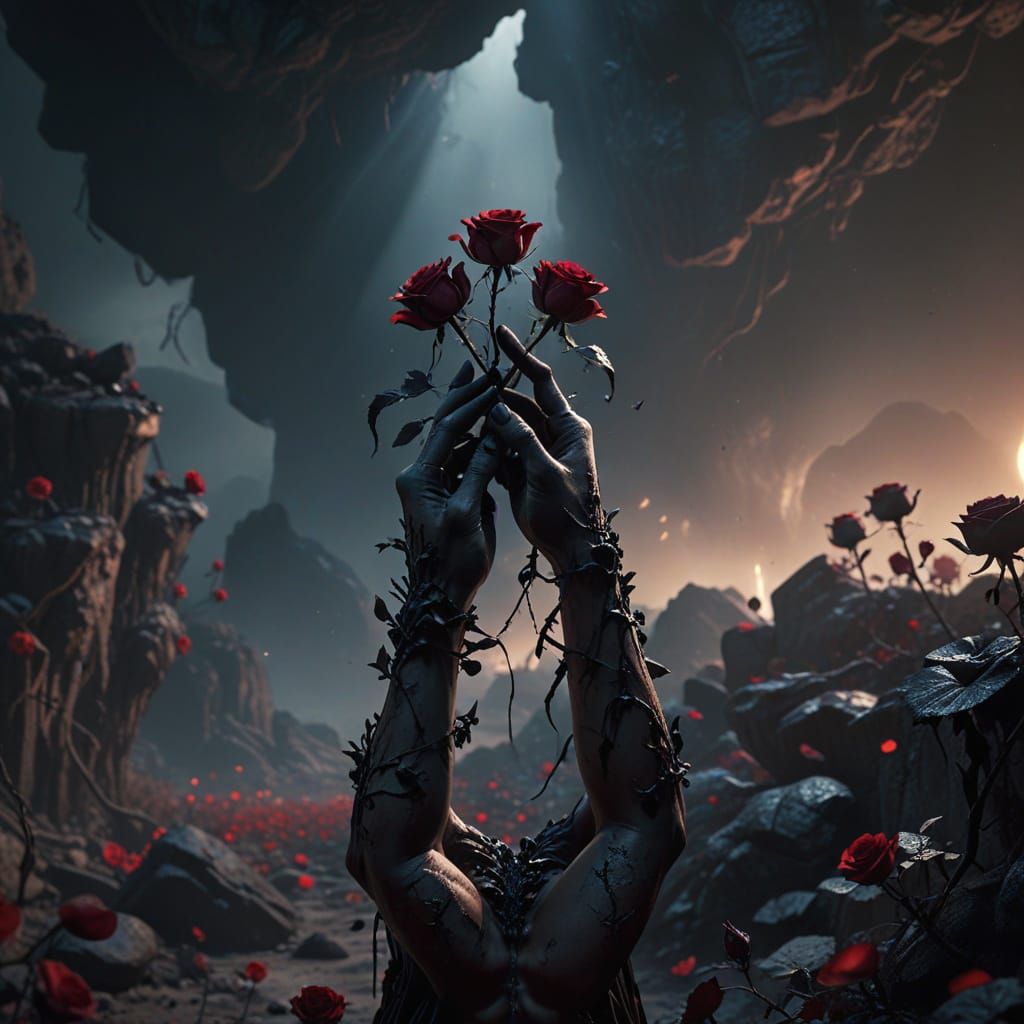 Gothic Black Roses Growing From Hands in Desolate Landscape