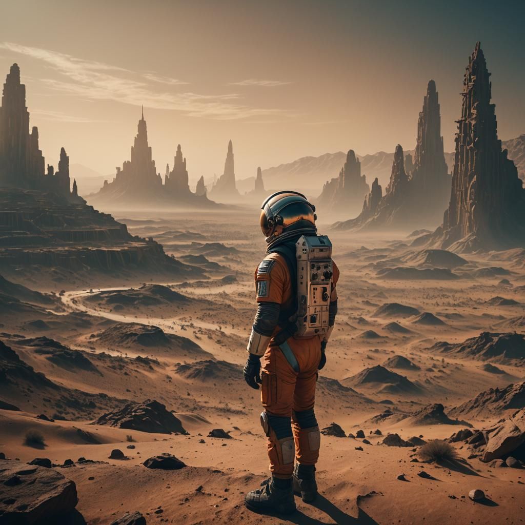 Epic Film Still of Lone Astronaut in Alien City