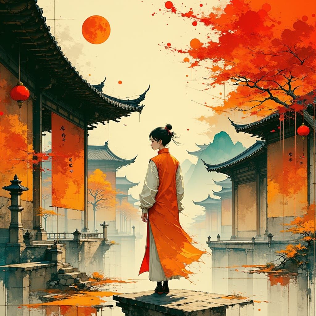 Chinese Courtyard Fusion: Qipao Woman in Semi-Realistic Styl...