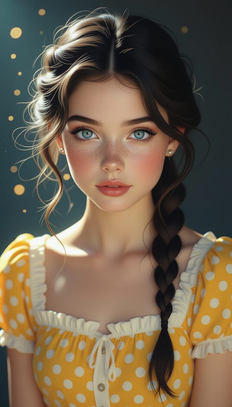 Portrait of a Girl with Freckles and Black Hair