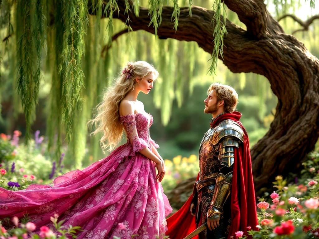 Blond Goddess Under Weeping Willow in English Garden