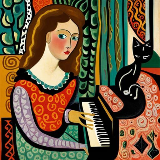 Girl Plays Piano with Cat, Surrealist Painting Style