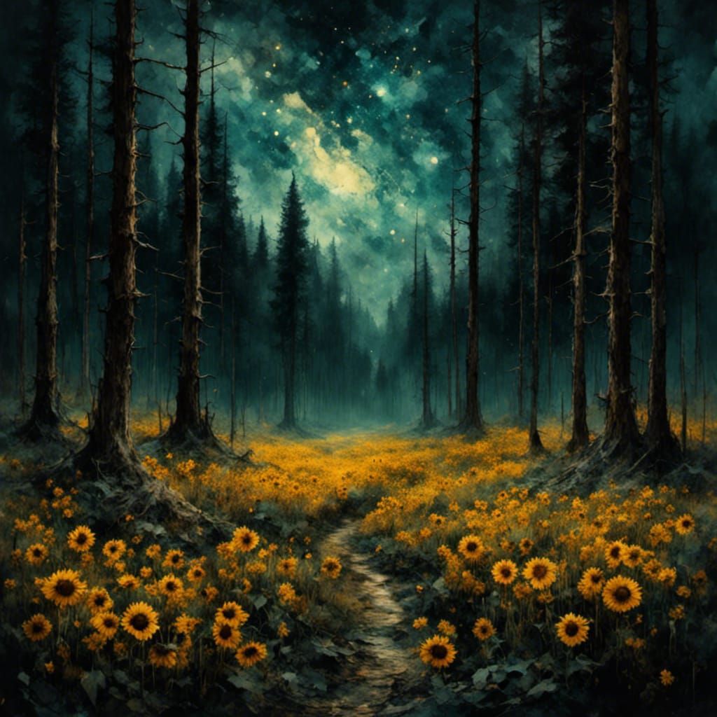 Dark Woods with Sunflowers in Van Gogh Style