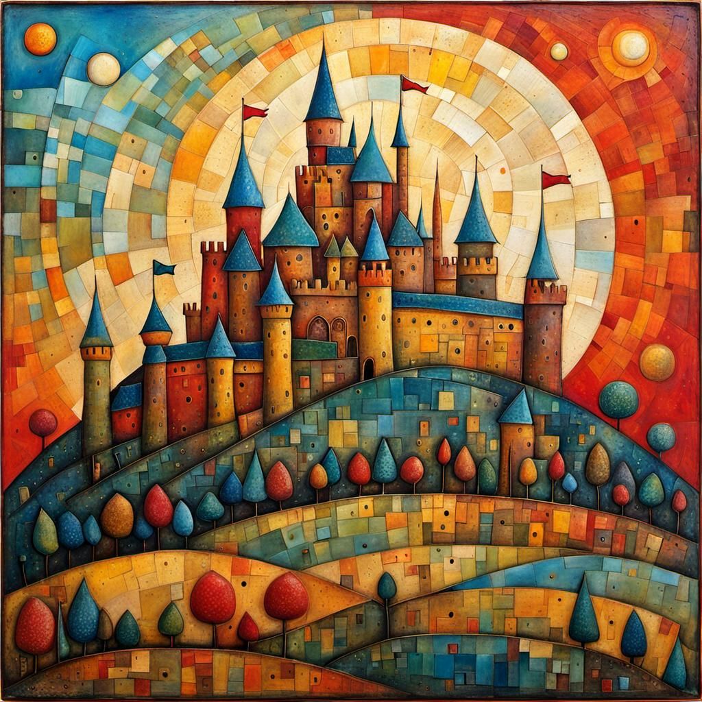 Encaustic Castle Inspired by Klee, Intricately Detailed