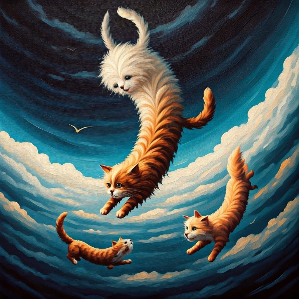 Cats and Dogs Falling From Stormy Sky as Impasto Painting