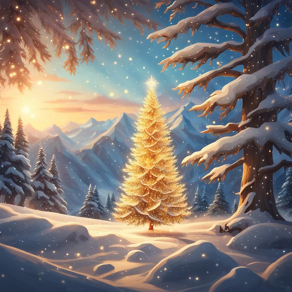 Golden Christmas Tree in Winter Wonderland