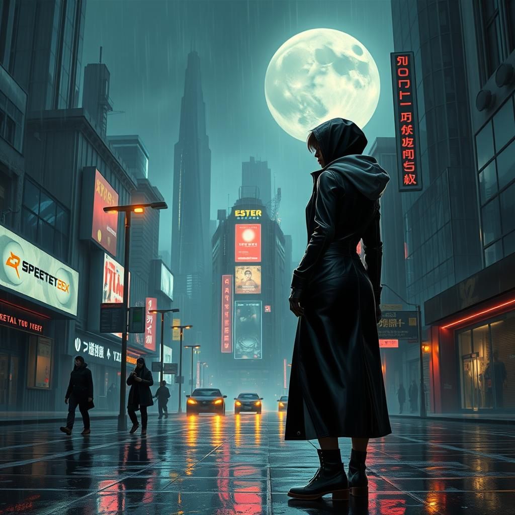 Cyberpunk Cityscape with Figure in the Style of Syd Mead