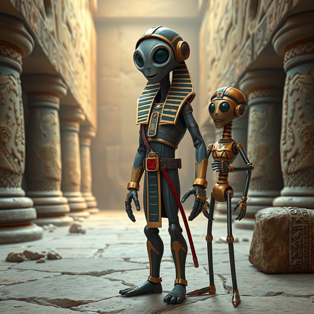 Retro Sci-Fi Claymation Character in Ancient Temple