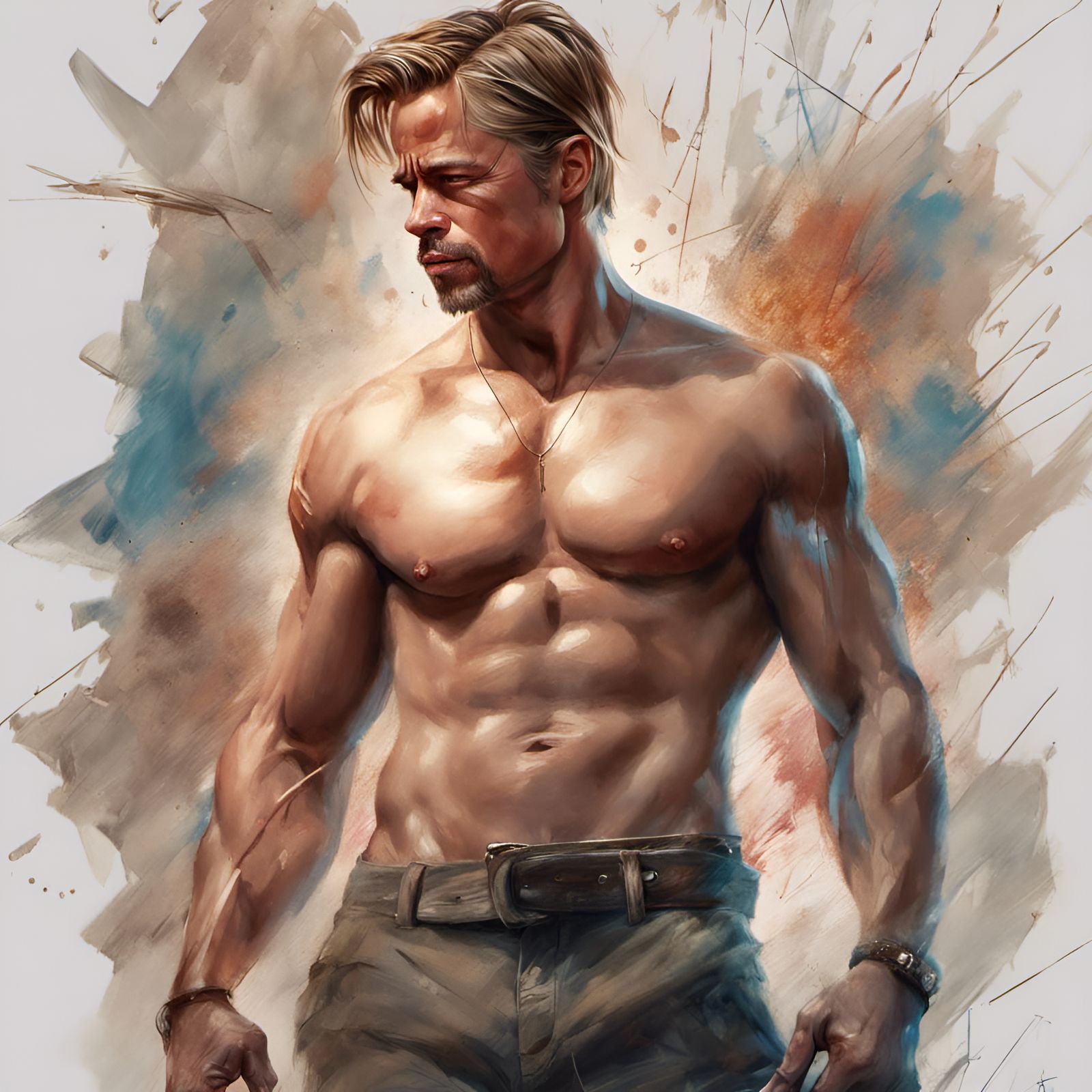 Shirtless Man Flexing, Detailed Digital Portrait