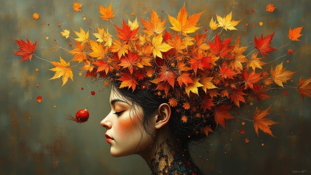 Surreal Autumn Leaf Head in Abstract Style